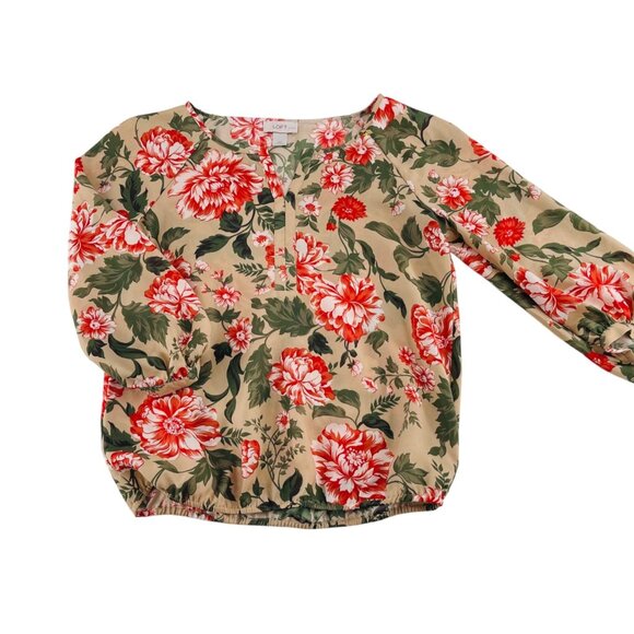 Ann Taylor LOFT Petites Floral Blouse XSP Tan/Red/Green Polyester - Picture 1 of 5